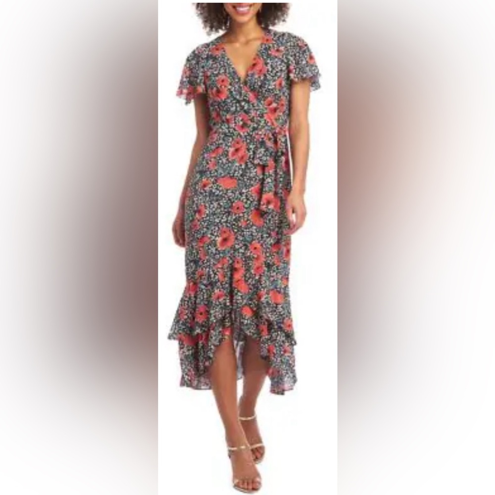 Rachel Ray Flutter Sleeve Floral Midi Dress 8